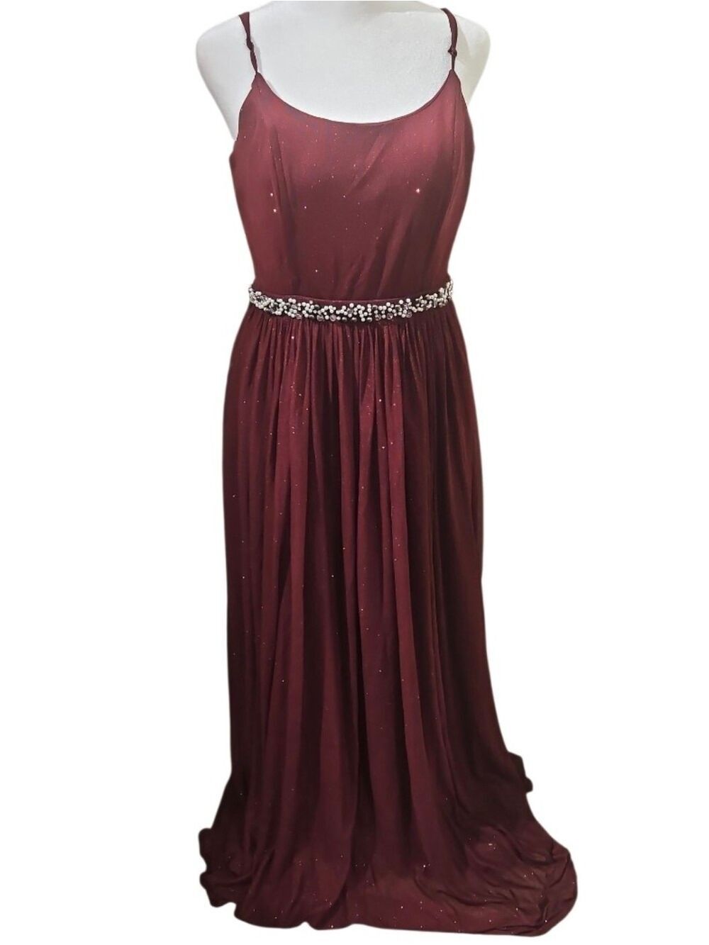 SPEECHLESS Burgundy Glitter Sheer Evening Gown Size 9 Beaded Flowing  Faux pearl - Picture 13 of 17